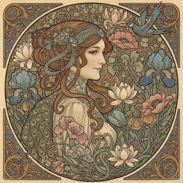 Art Nouveau portrait of a woman in the style of Alphonse Mucha