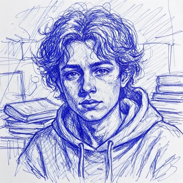 Blue ballpoint pen sketch of a young man in a hoodie