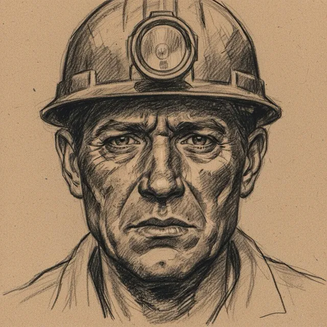 Charcoal drawing of a miner wearing a helmet lamp