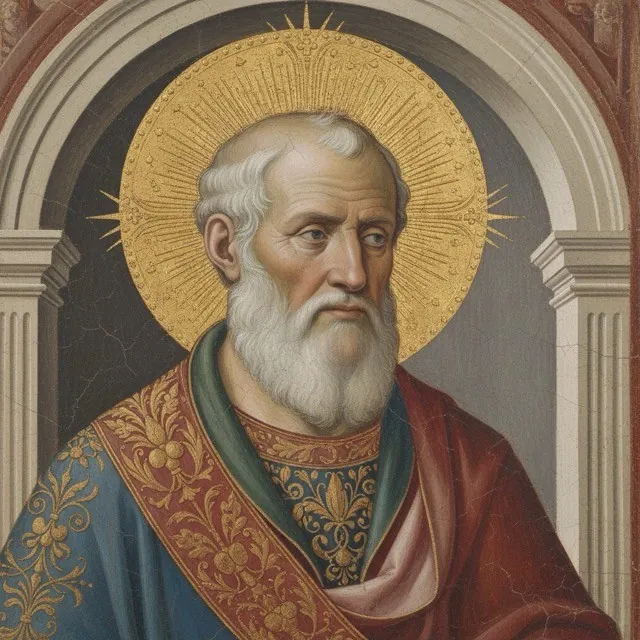 Bearded saint with a golden halo in fresco style