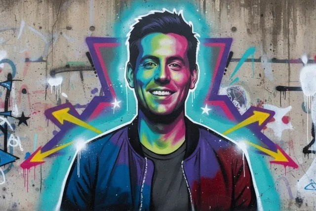 Smiling man painted in neon graffiti style