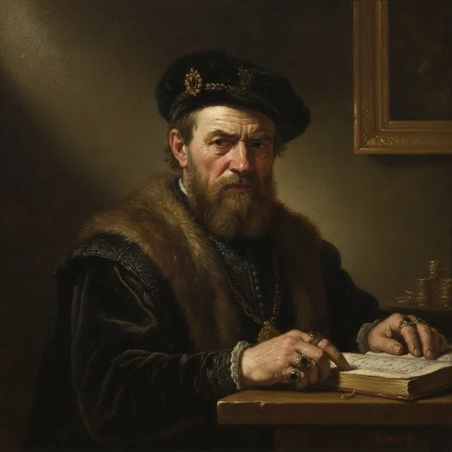Bearded man at a desk in Rembrandt-style chiaroscuro