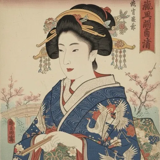 Woman in a kimono in Japanese ukiyo-e woodblock style