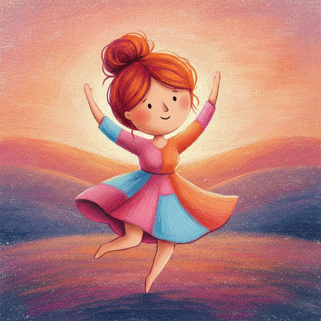 Girl dancing at sunset in pastel crayon illustration style