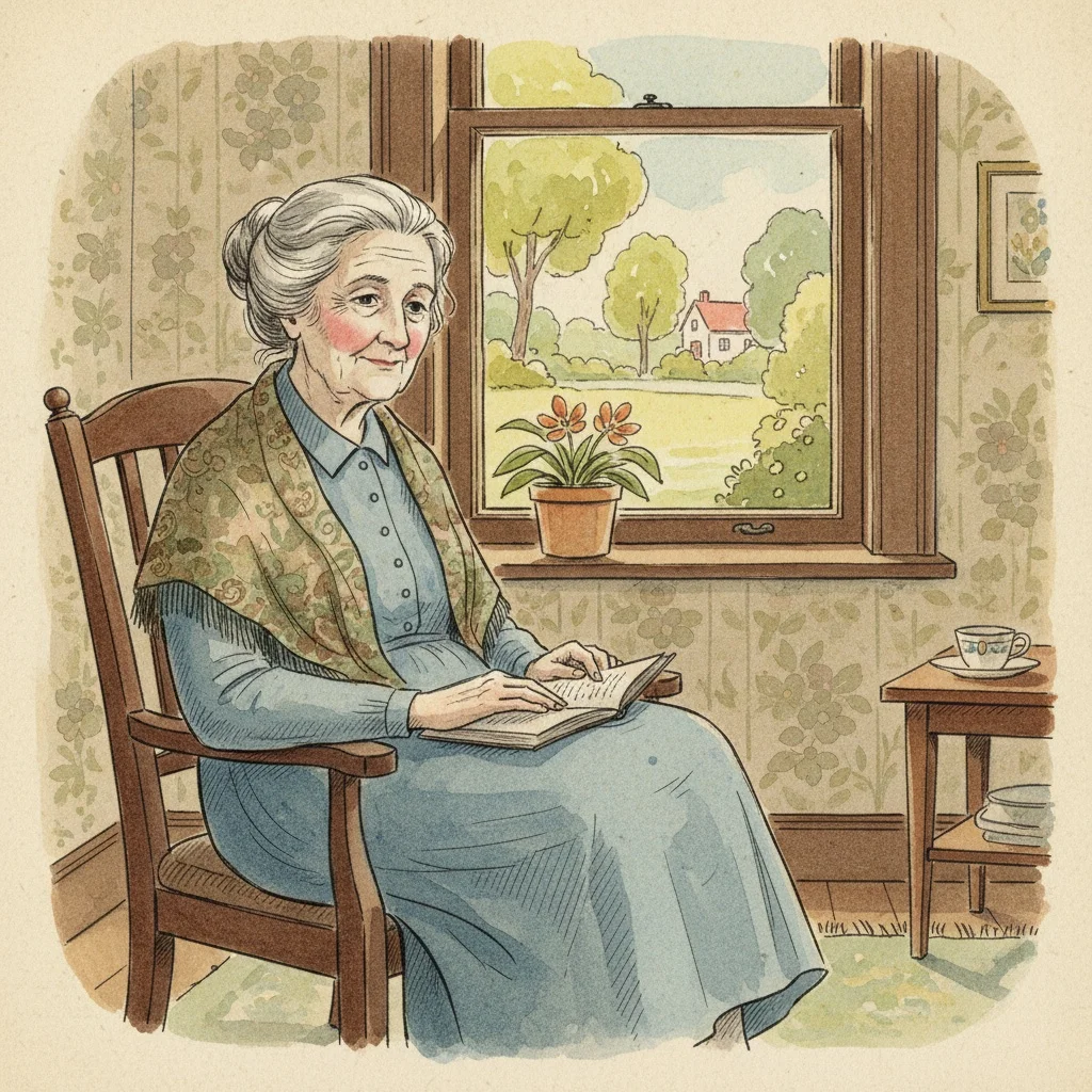 Grandmother reading by a window in vintage storybook illustration style