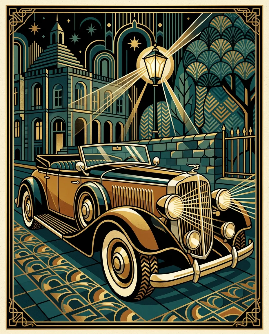 Vintage convertible as an Art Deco poster