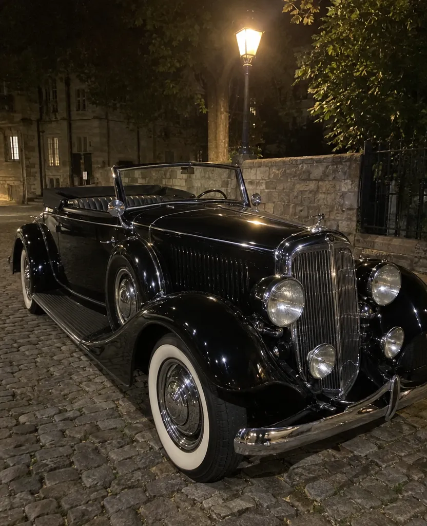 Original phone photo of a 1930s convertible on a cobblestone street