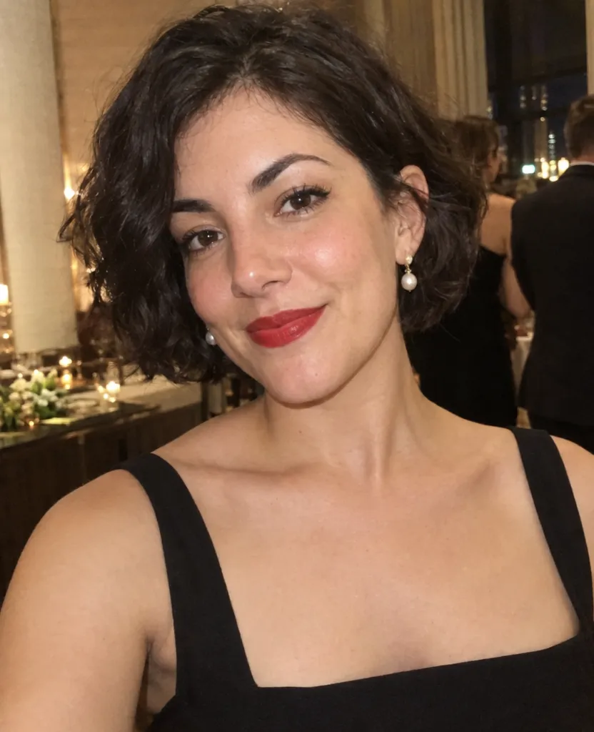 Original phone photo of a woman in a black dress with pearl earrings