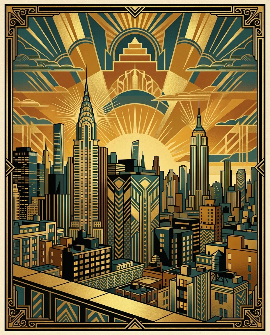 The same skyline as a green and gold Art Deco poster with sunburst rays