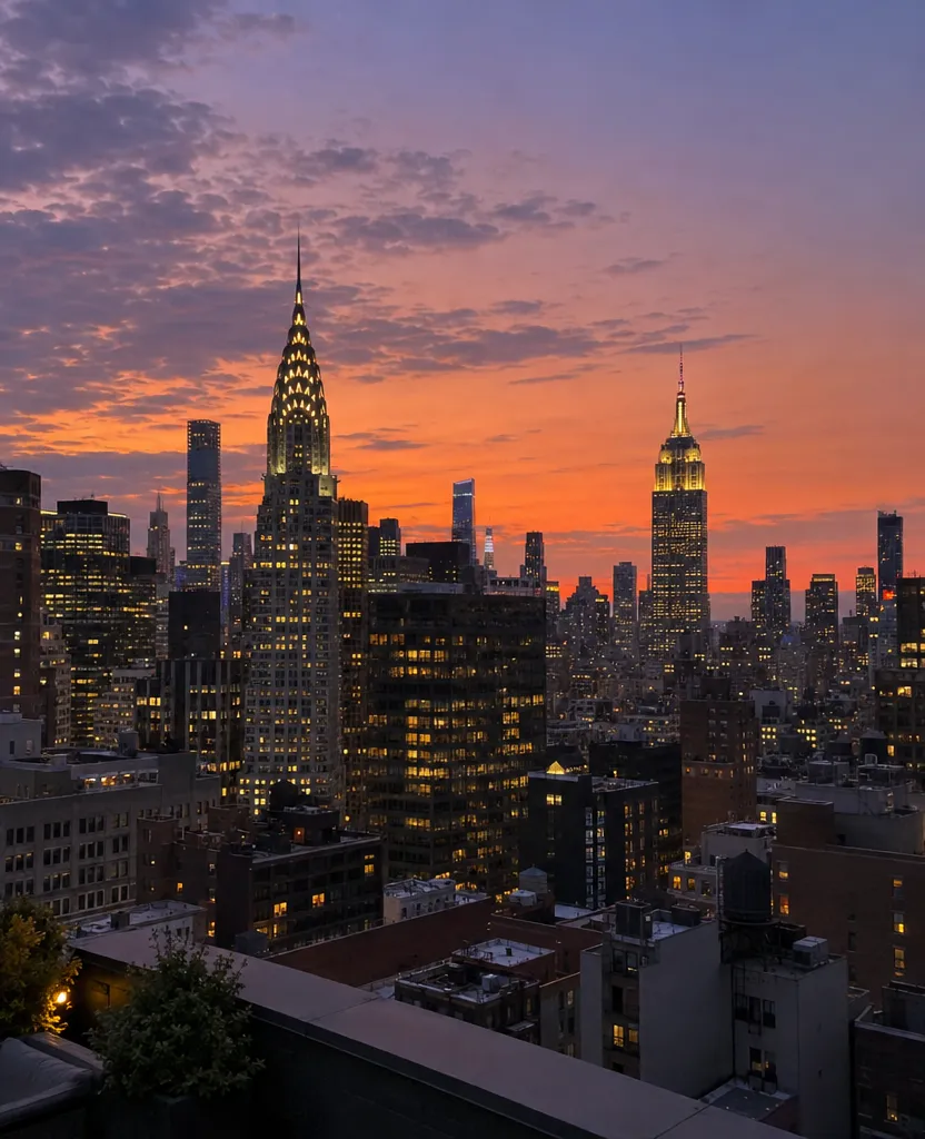 Phone photo of the New York skyline at dusk from a rooftop
