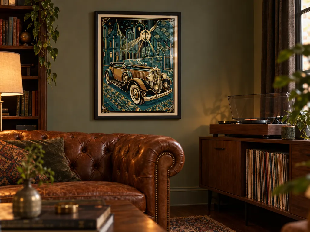 Art Deco car poster in a black frame above a leather chesterfield and record player