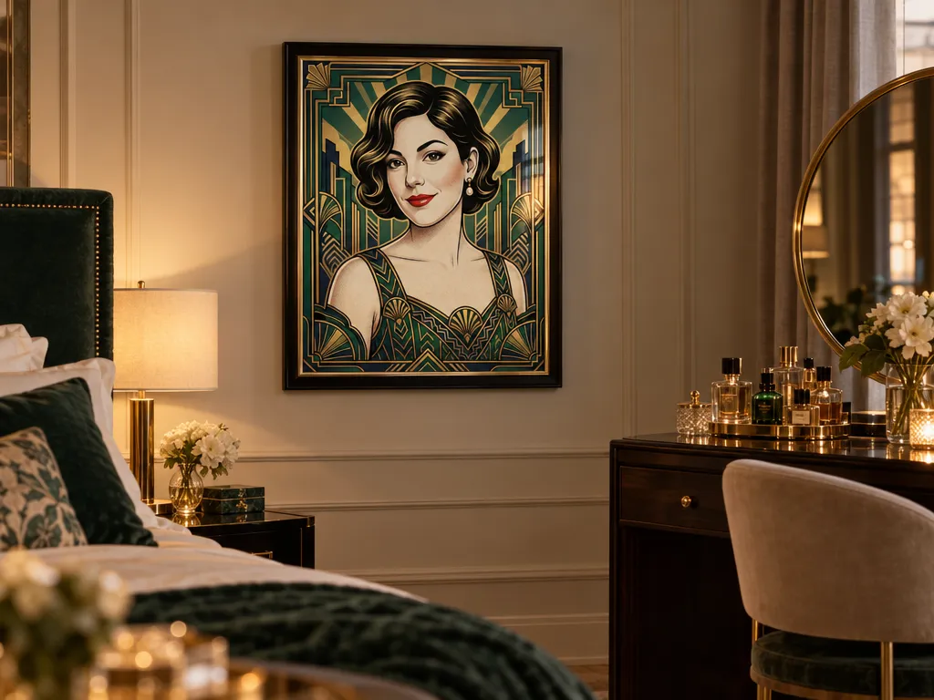 Art Deco portrait poster in a black lacquered frame above a vanity table