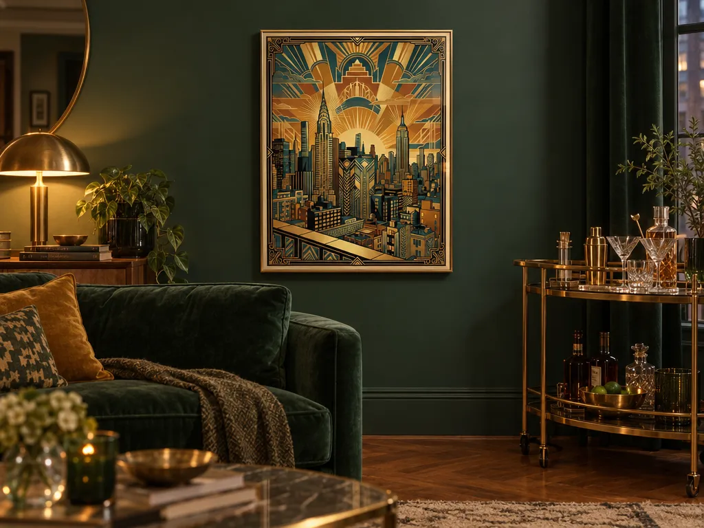 Art Deco skyline poster in a brass frame on a dark green wall next to a bar cart