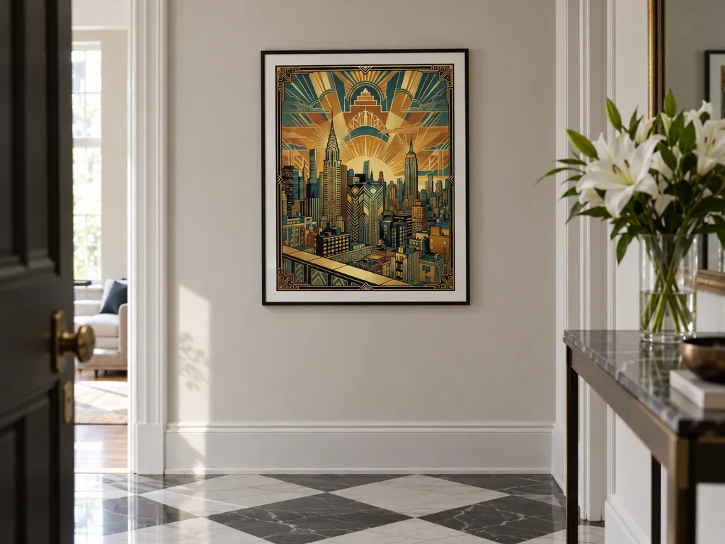 Art Deco skyline poster in a black frame in a hall with checkered marble floor