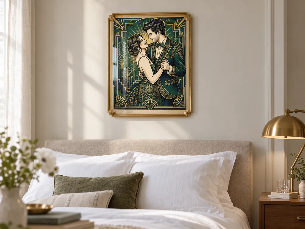 Art Deco wedding poster in a gilded frame above a bed with white linen