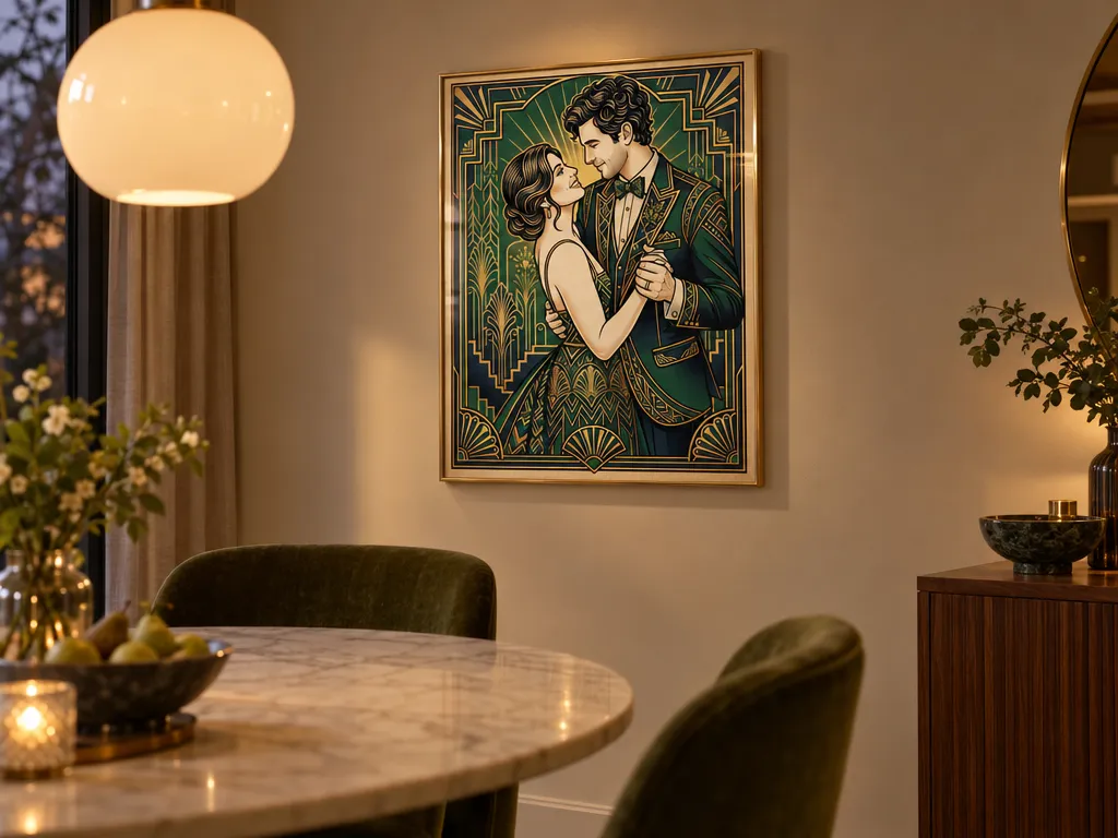 Art Deco wedding poster in a brass frame in a dining room with a marble table
