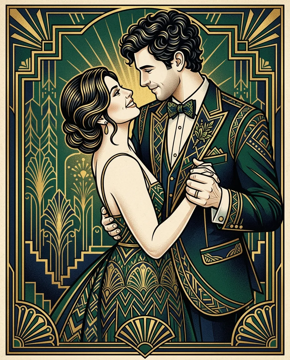 Wedding couple dancing as an Art Deco poster