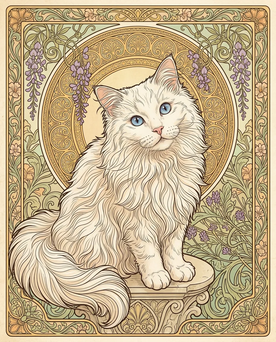 White cat among lavender as an Art Nouveau poster