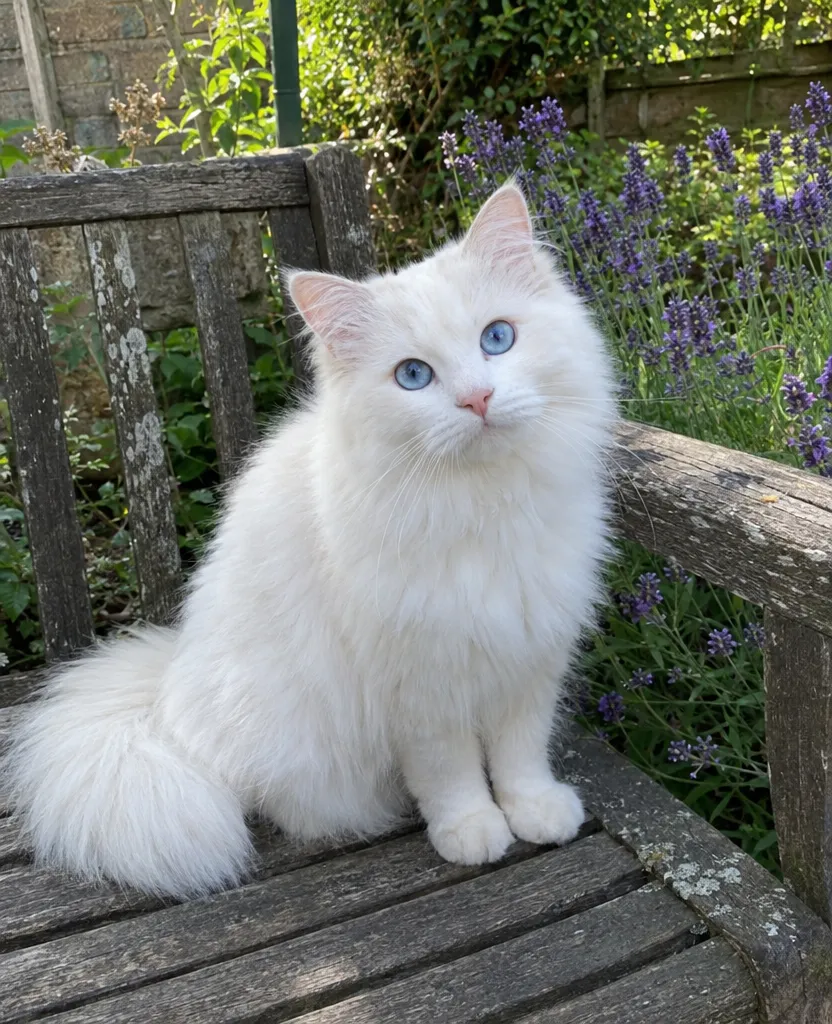 Original phone photo of a white cat on a garden bench