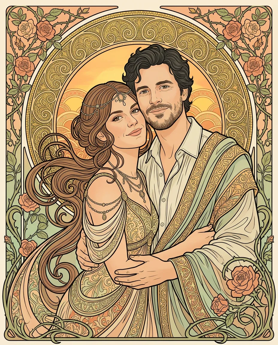 Couple embracing as an Art Nouveau poster
