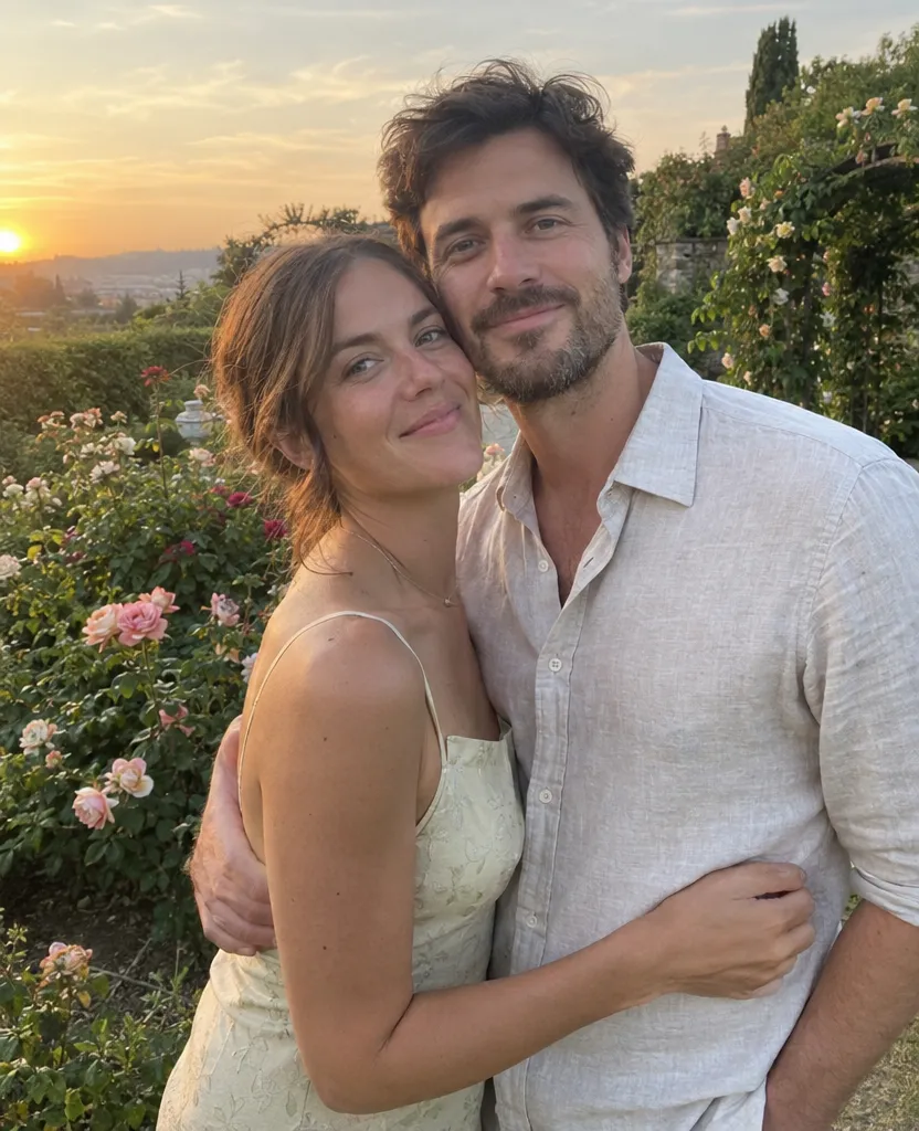 Original phone photo of a couple embracing in a rose garden