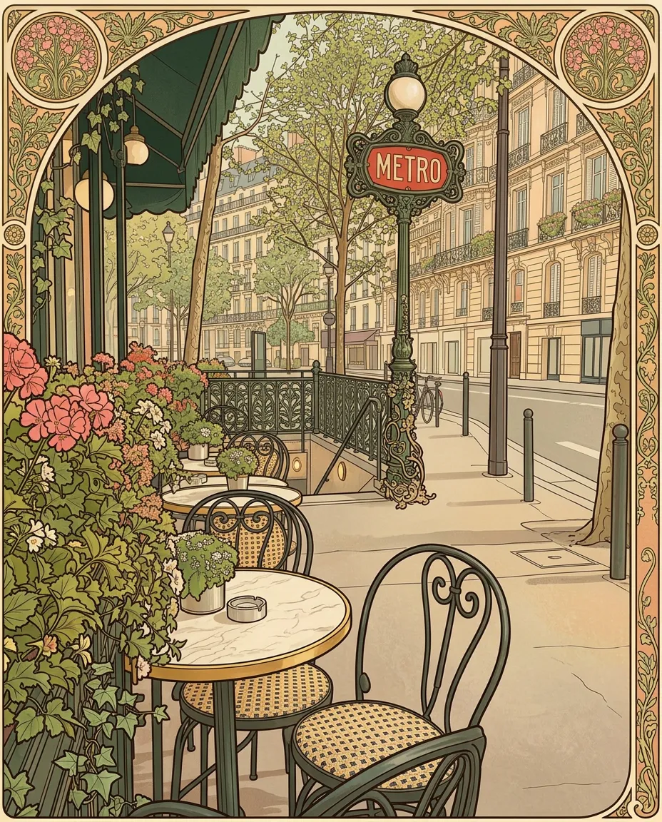 Paris café terrace as an Art Nouveau poster