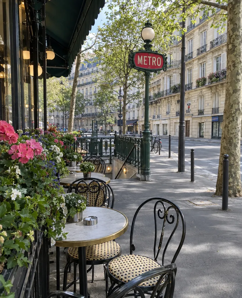 Original phone photo of a Paris café terrace with flower boxes