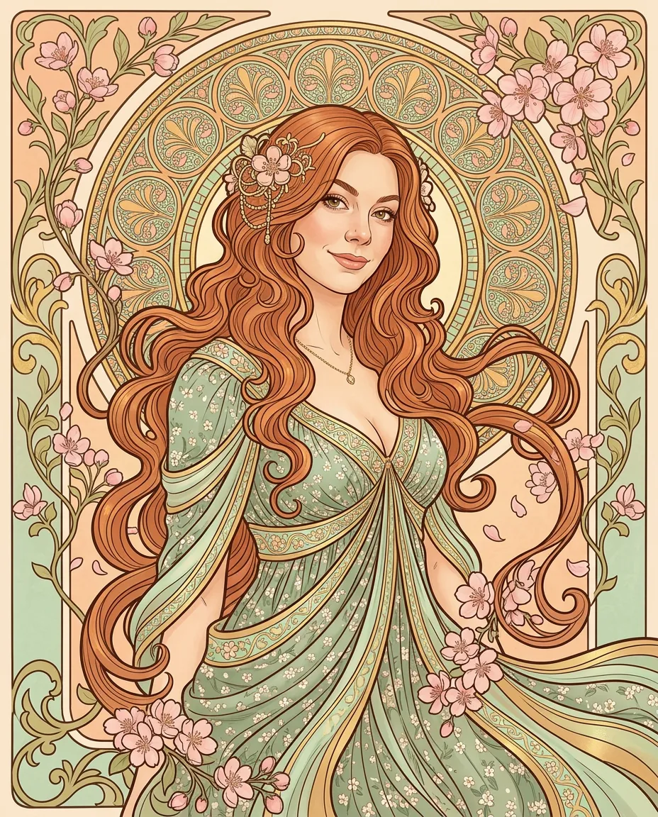 The same woman as an Art Nouveau poster with a floral halo