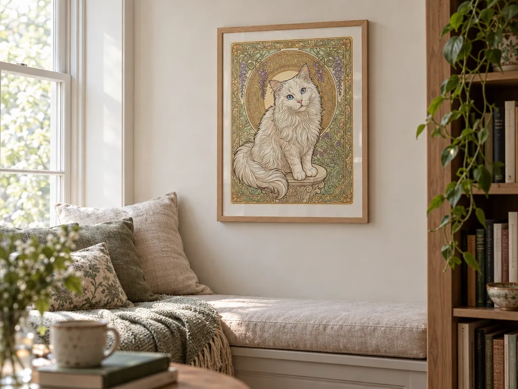 Art Nouveau poster of a white cat in an oak frame above a window seat