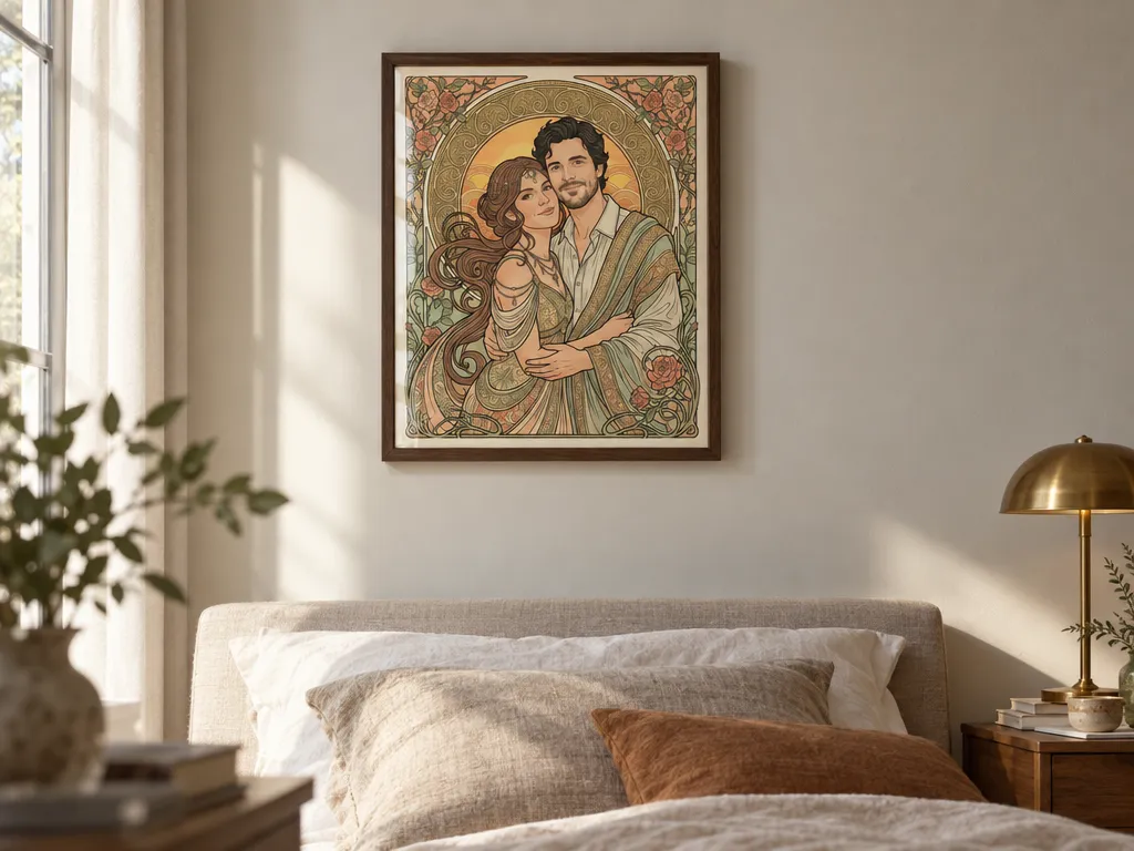 Art Nouveau poster of a couple in a walnut frame above a bed with linen bedding