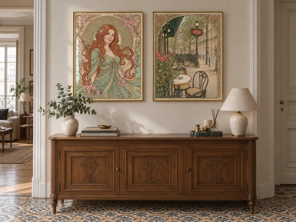 Two Art Nouveau posters in gilded frames above a carved sideboard in a tiled hallway