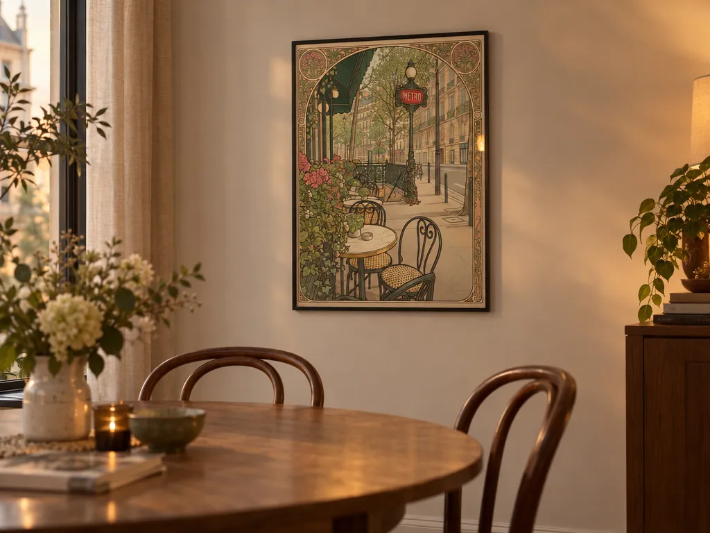 Art Nouveau poster of a Paris café in a black frame in a dining room with bentwood chairs