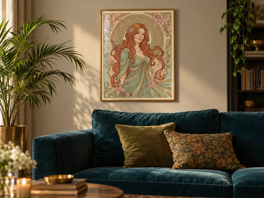 Art Nouveau poster of a woman in a gilded frame above a teal velvet sofa