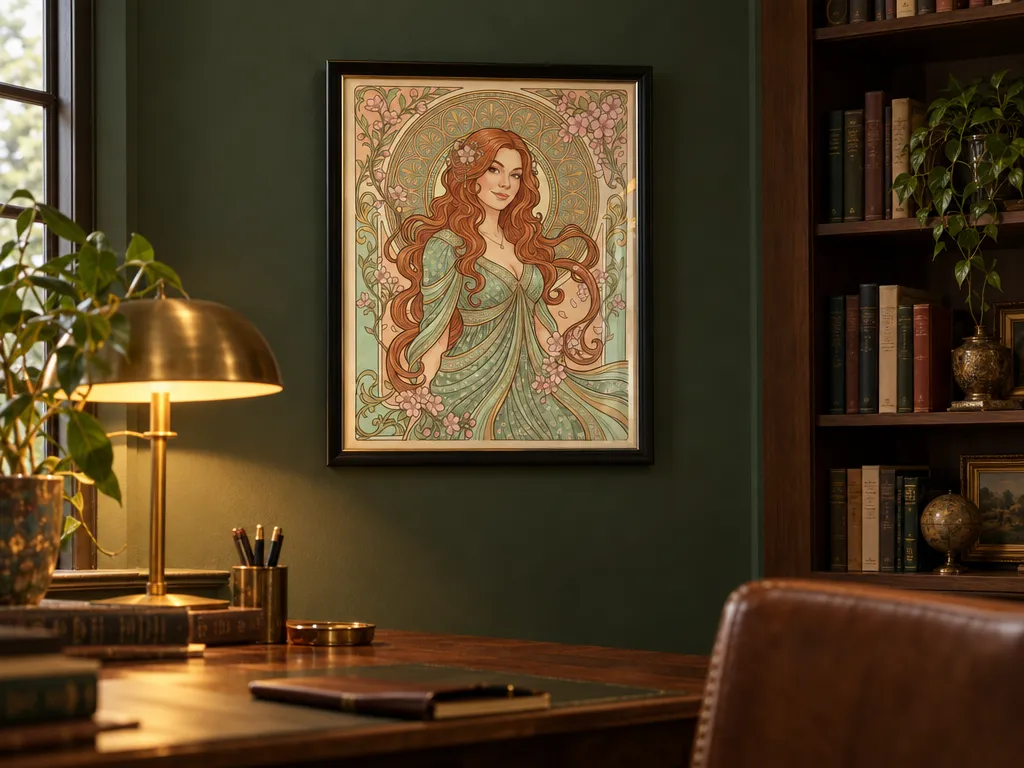 Art Nouveau portrait in a black lacquered frame in a study with dark green walls