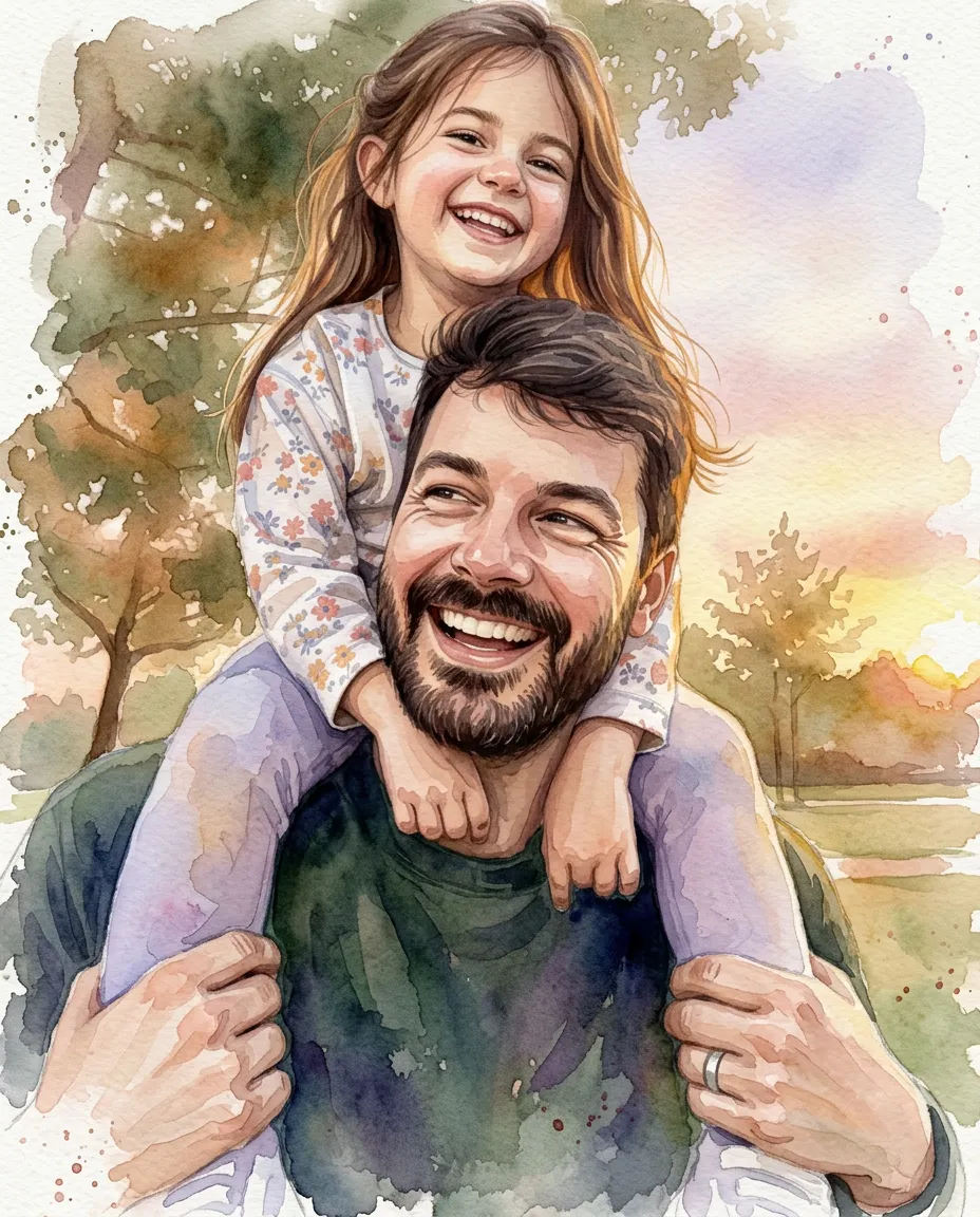 Father with his daughter on his shoulders as a watercolor portrait