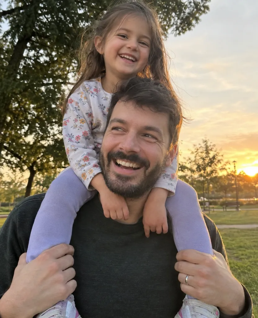 Original phone photo of a father laughing with his daughter on his shoulders in a park