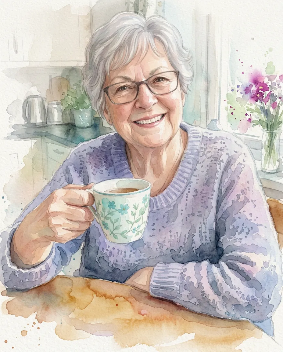 Grandmother at the kitchen table as a watercolor portrait