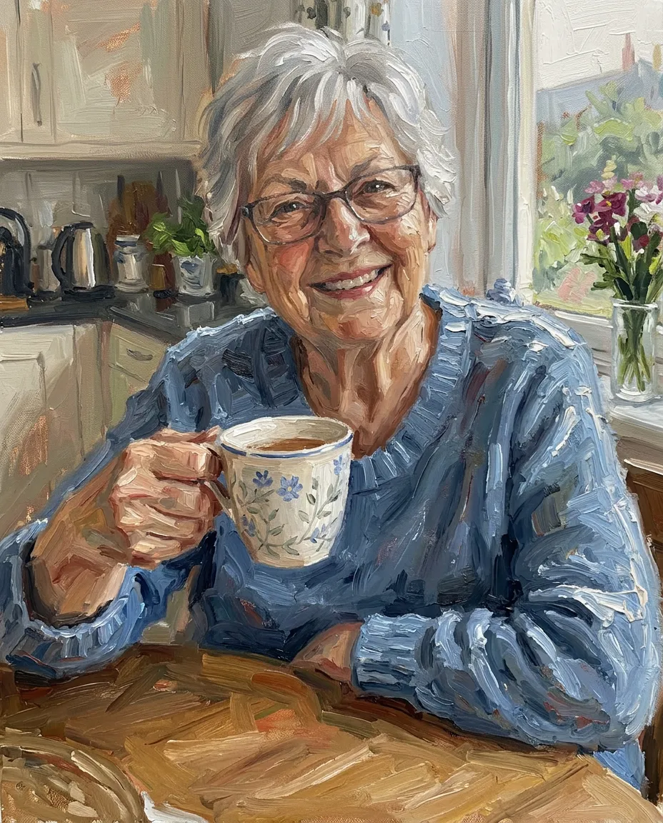 Grandmother with a cup of tea as an oil painting portrait