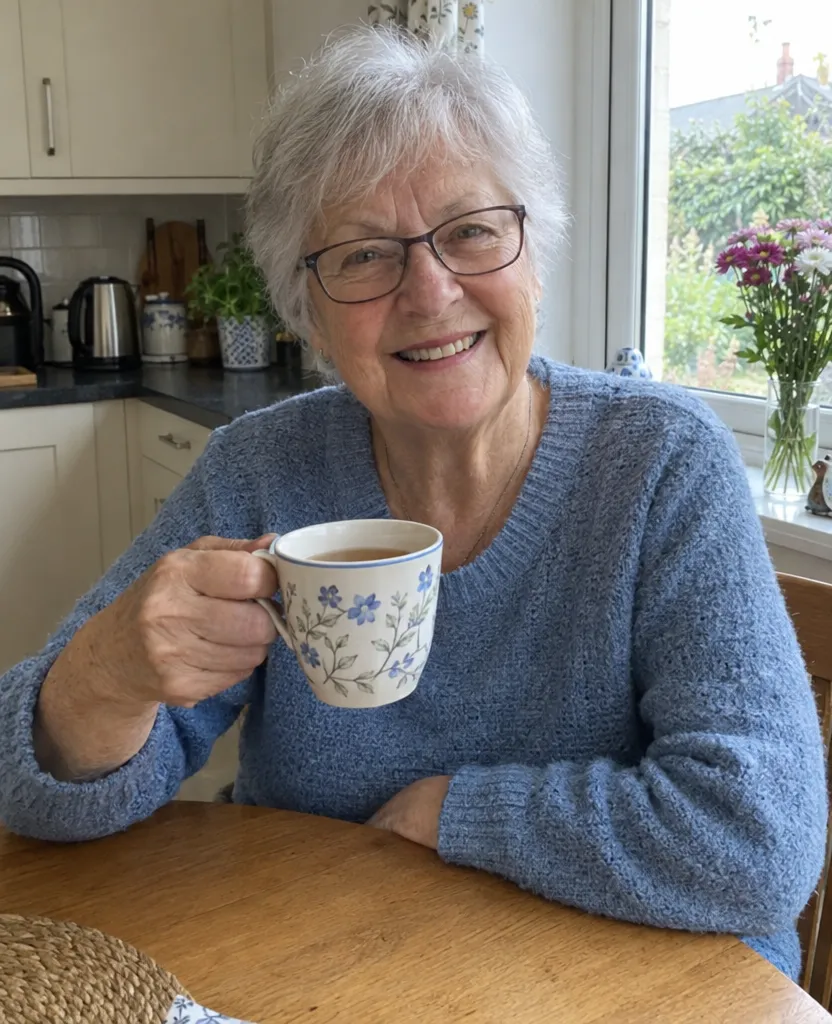 Original phone photo of a grandmother with silver hair holding a cup of tea at the kitchen table