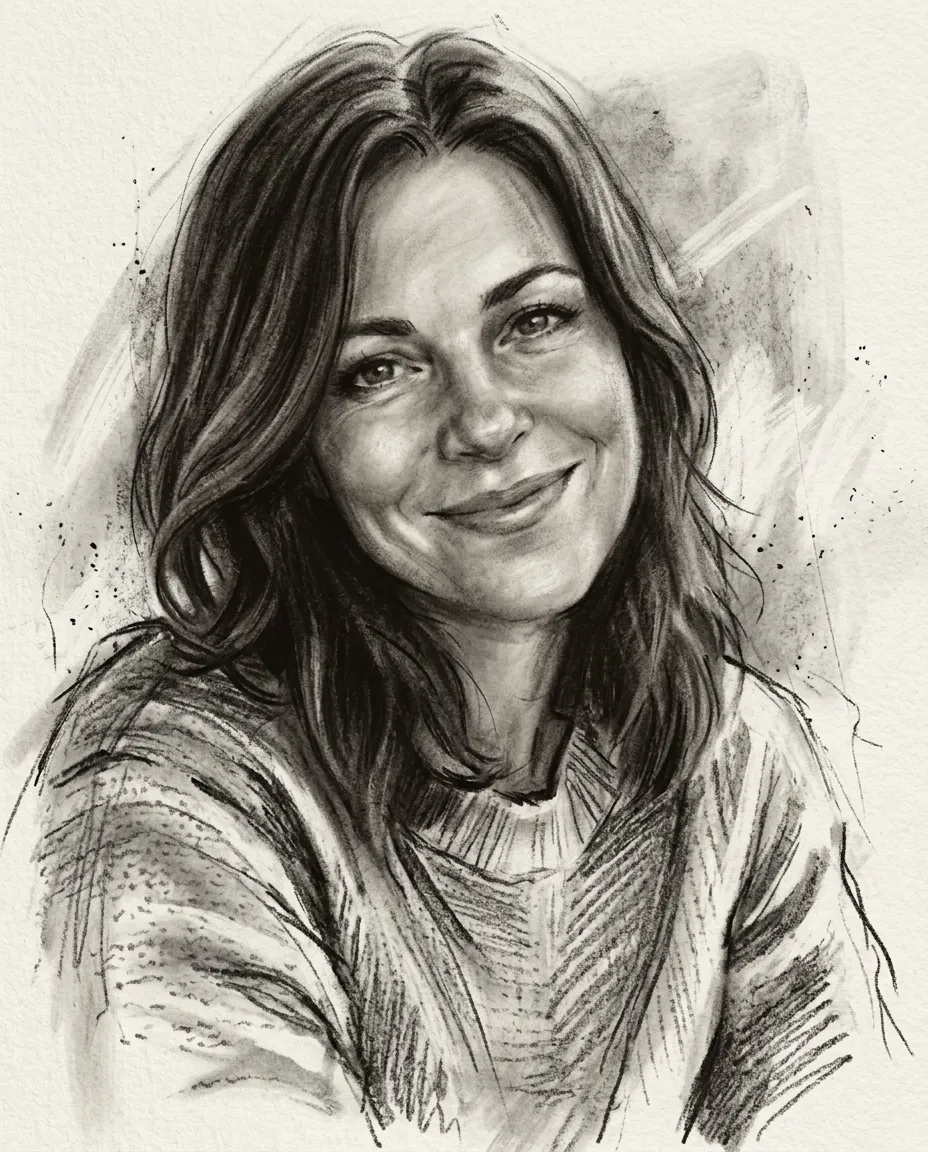 Woman in a garden as a charcoal portrait