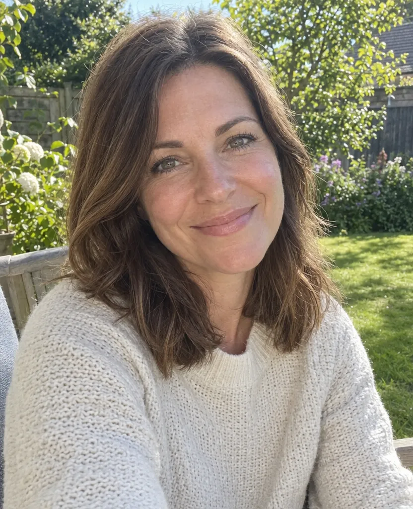 Phone photo of a woman in a cream knit sweater smiling in a sunny garden