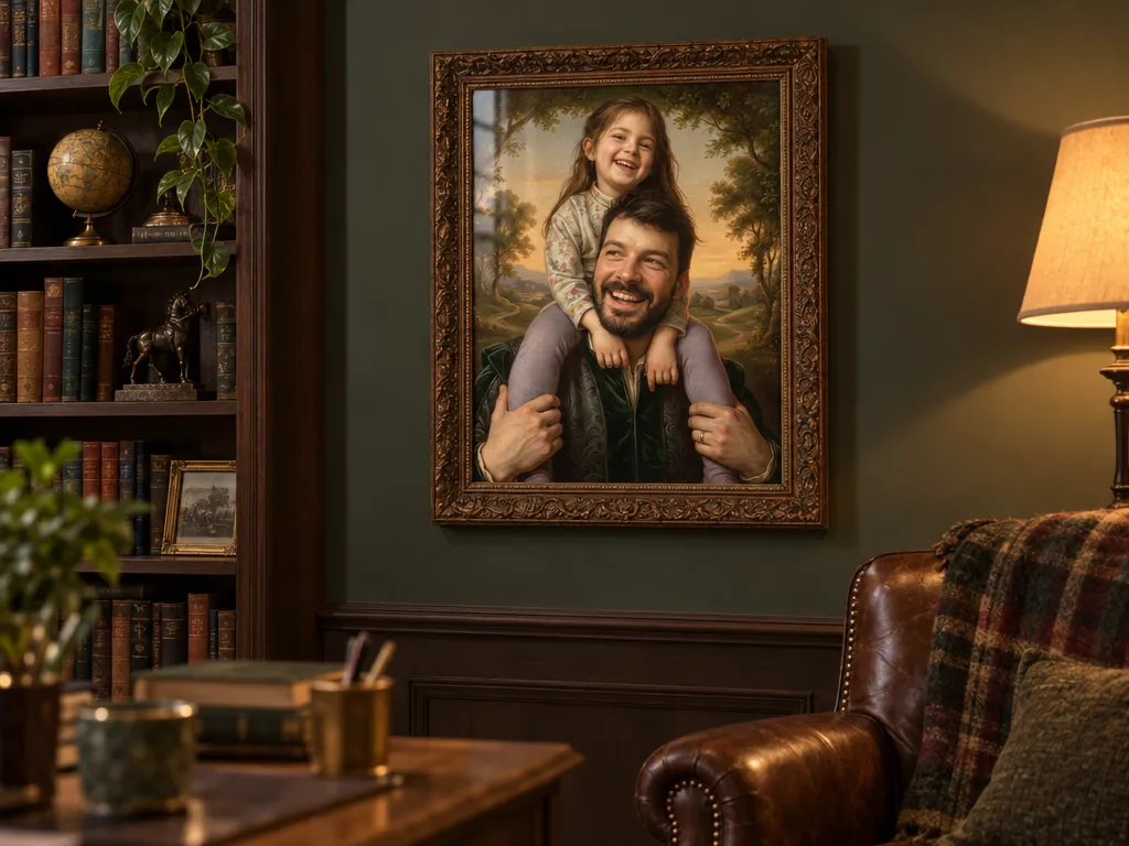 Renaissance-style painting of a father and daughter in a carved wooden frame in a study