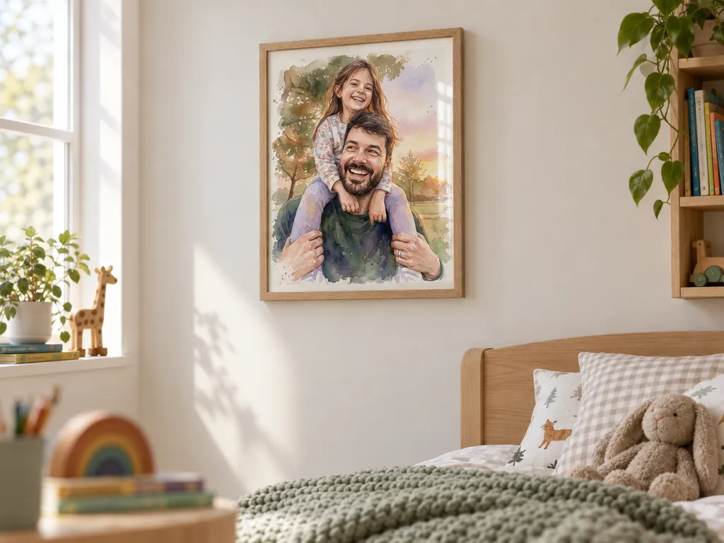 Watercolor of a father and daughter in an oak frame above a child’s bed