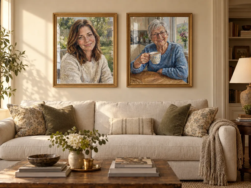 Two oil painting portraits in gold frames above a cream linen sofa