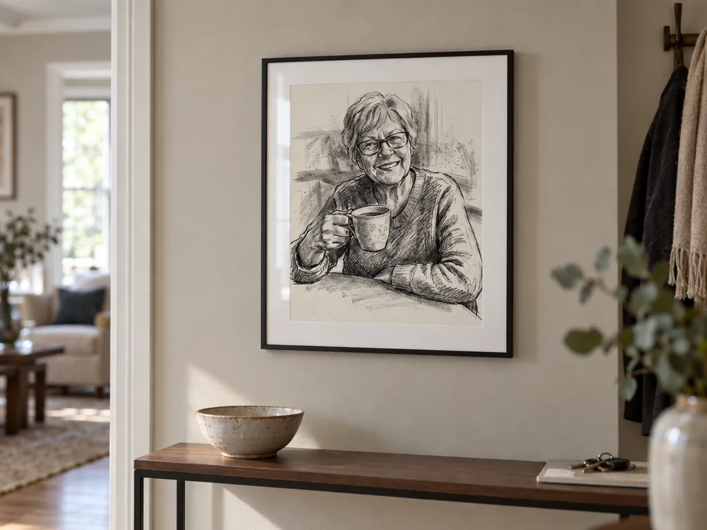 Charcoal portrait of a grandmother in a black frame with a white mount above a hallway console