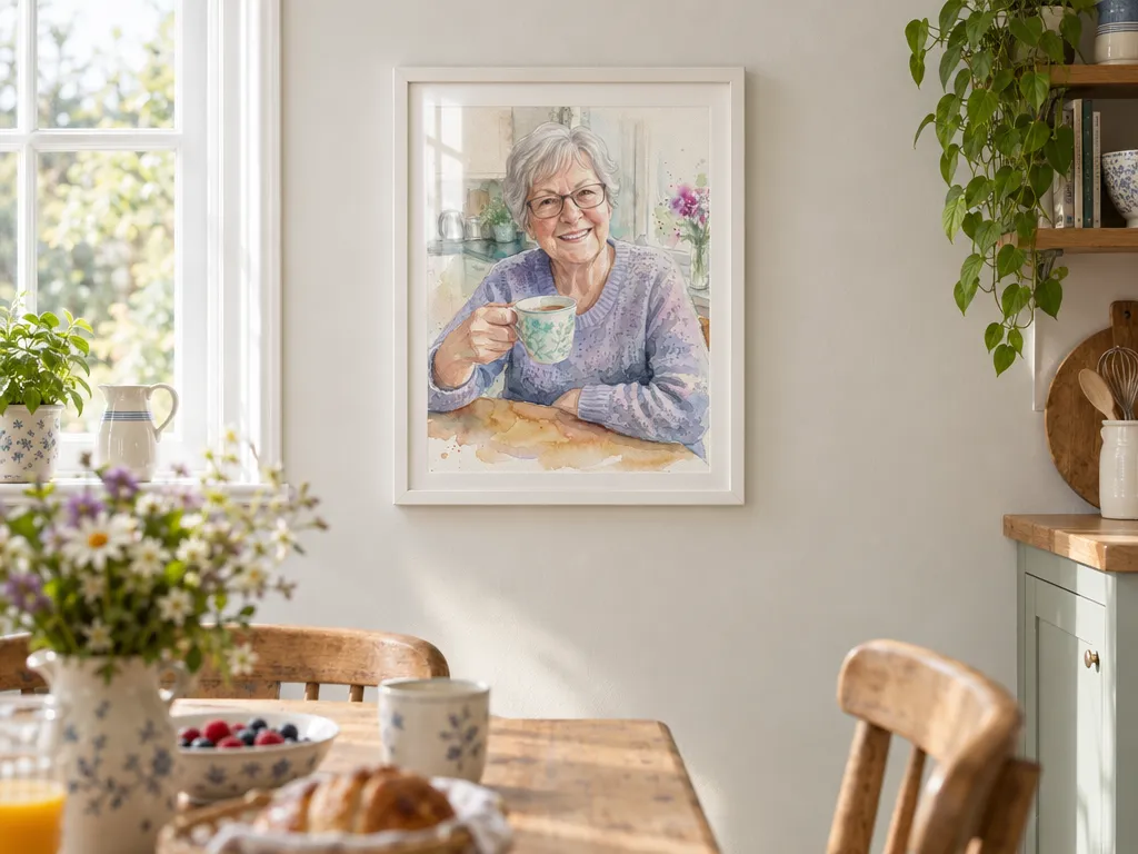 Watercolor portrait of a grandmother in a white frame above a kitchen breakfast table