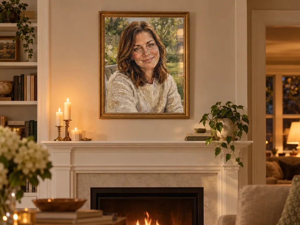 Oil painting portrait of a woman in a gold frame above a white fireplace