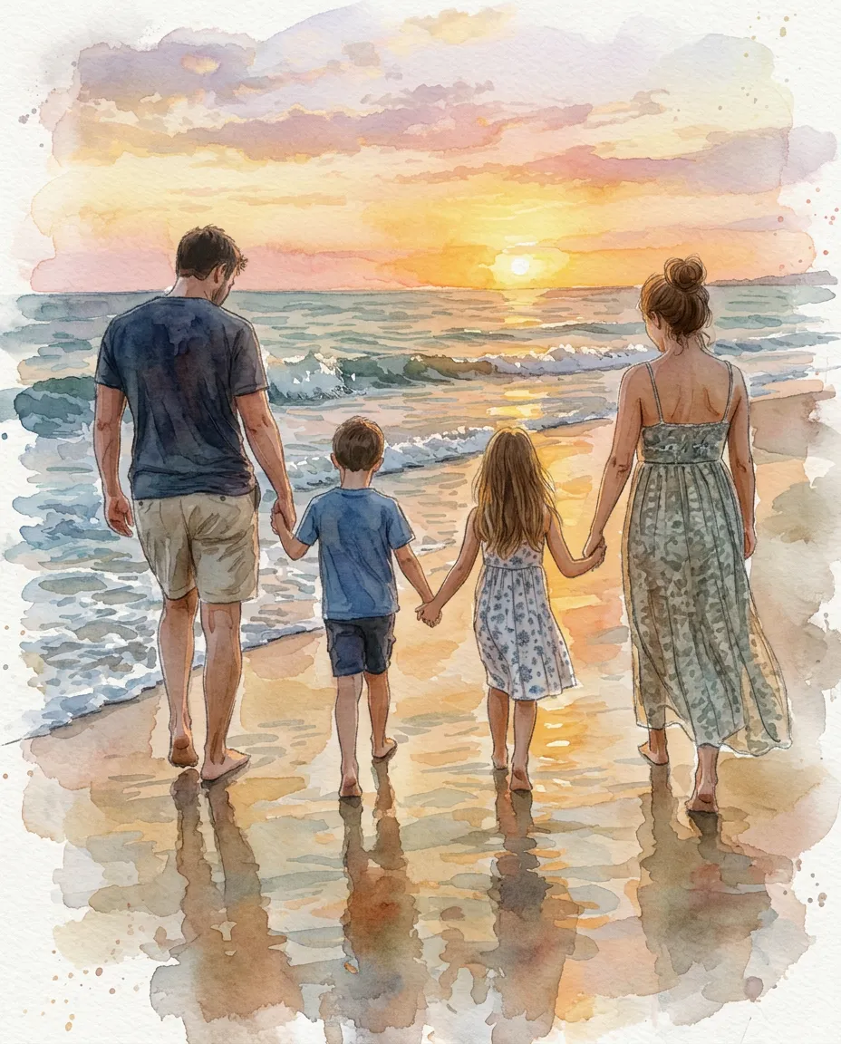 Family on a beach as a watercolor