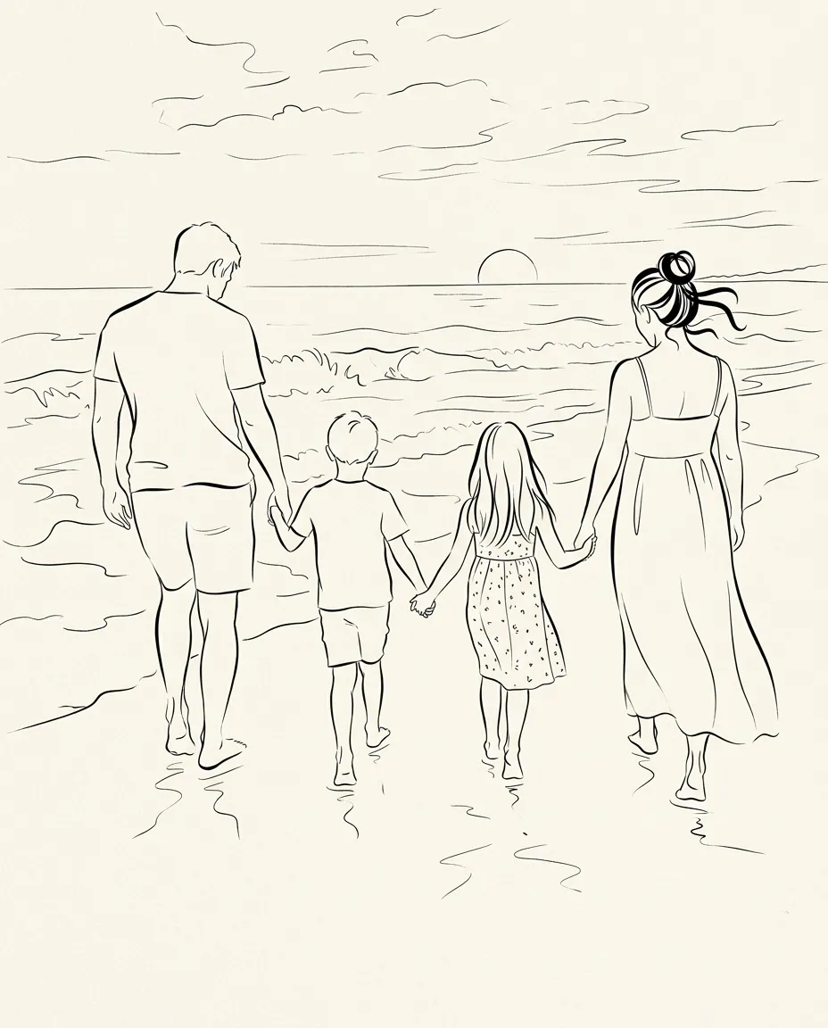 Family on a beach as minimalist line art