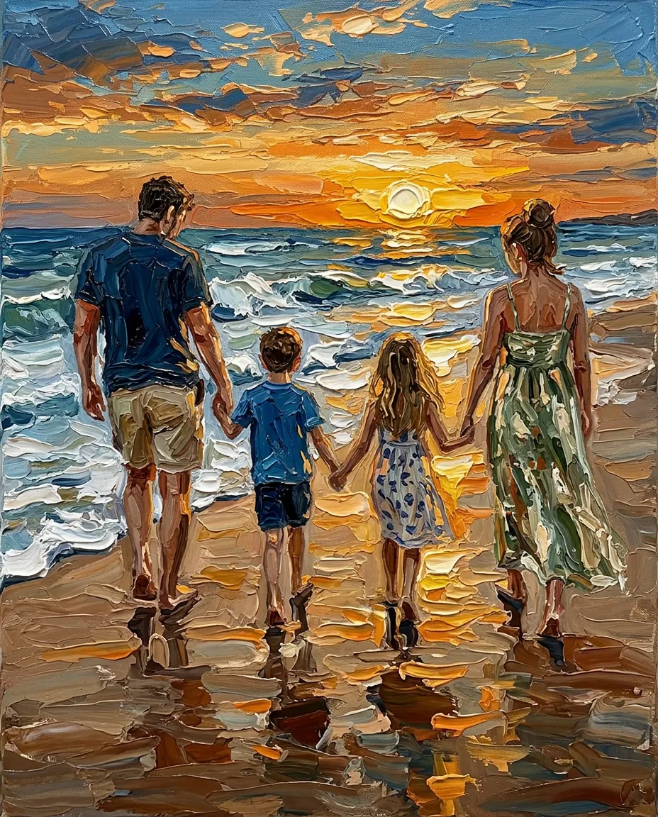 The same beach scene as a textured oil painting
